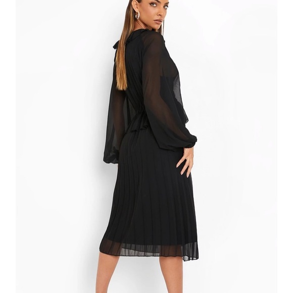 Pleated Long Sleeve Ruffle Midi Smock Dress - Picture 3 of 5